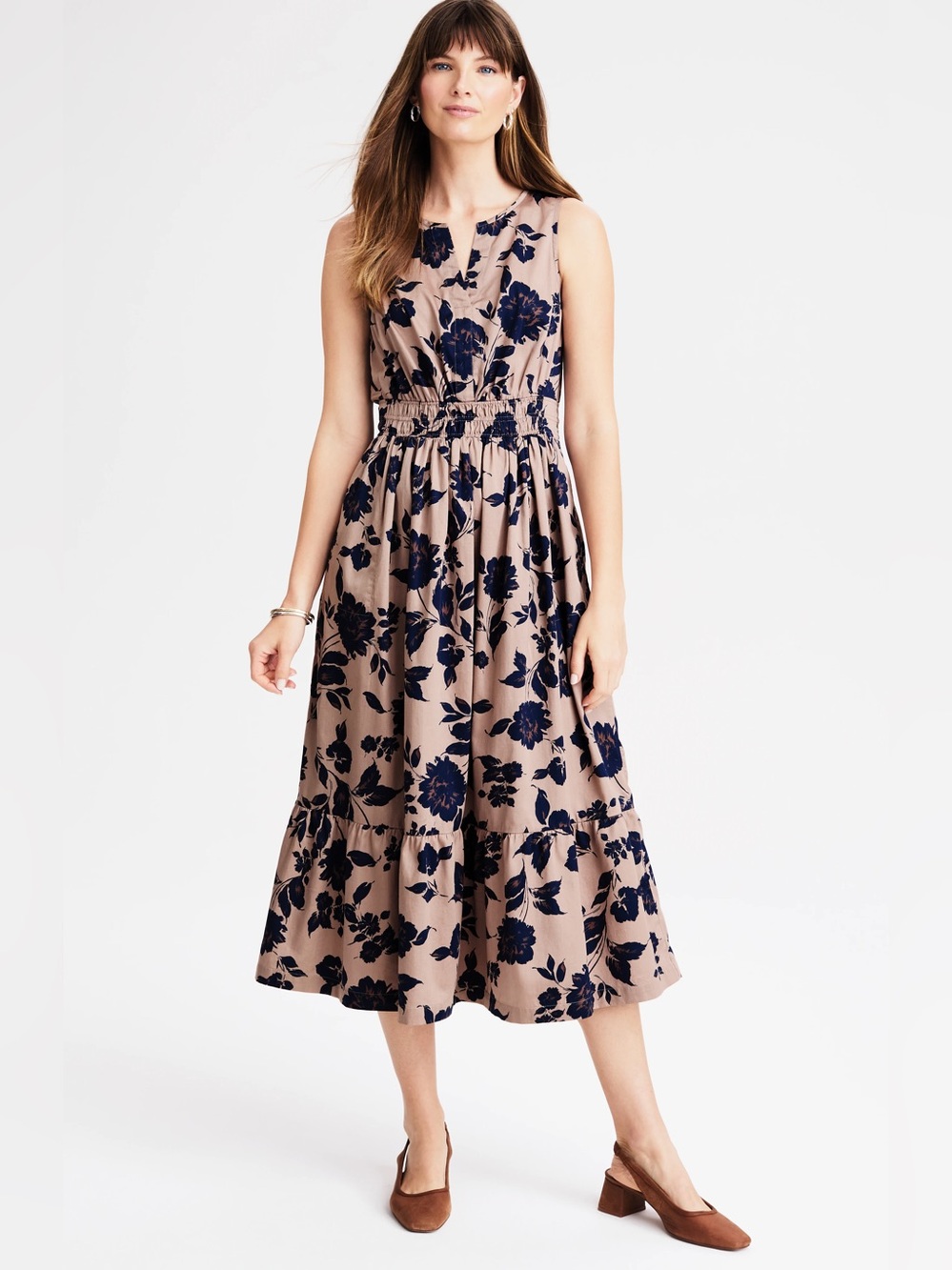 J.Jill Sleeveless Beige Floral Midi Dress with Navy Print size Large -Cotton